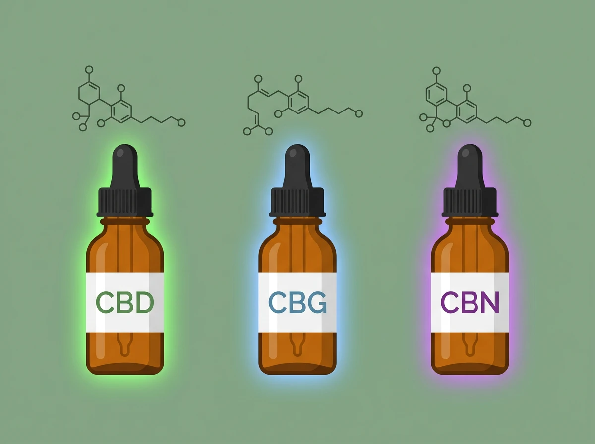 Trois flacons cannabinoïdes CBD CBG CBN avec molécules — comparatif guide expert 2026