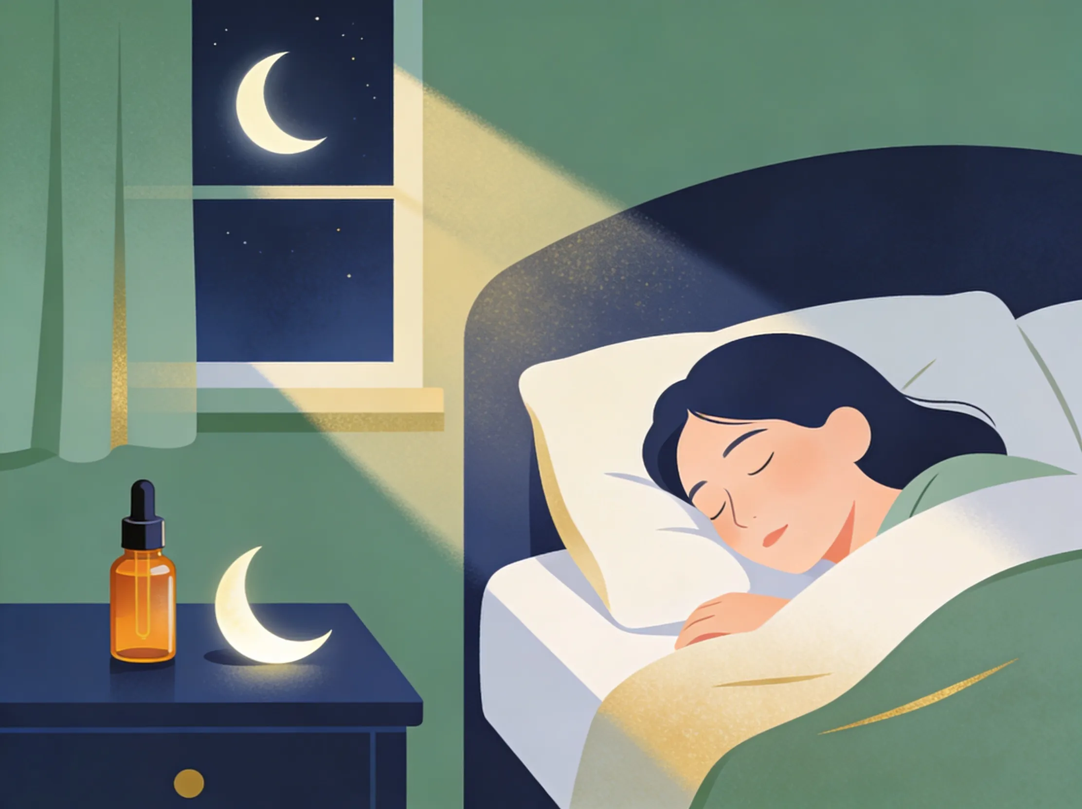 Personne endormie paisiblement avec flacon huile CBD sur table de nuit — guide CBD sommeil 2026