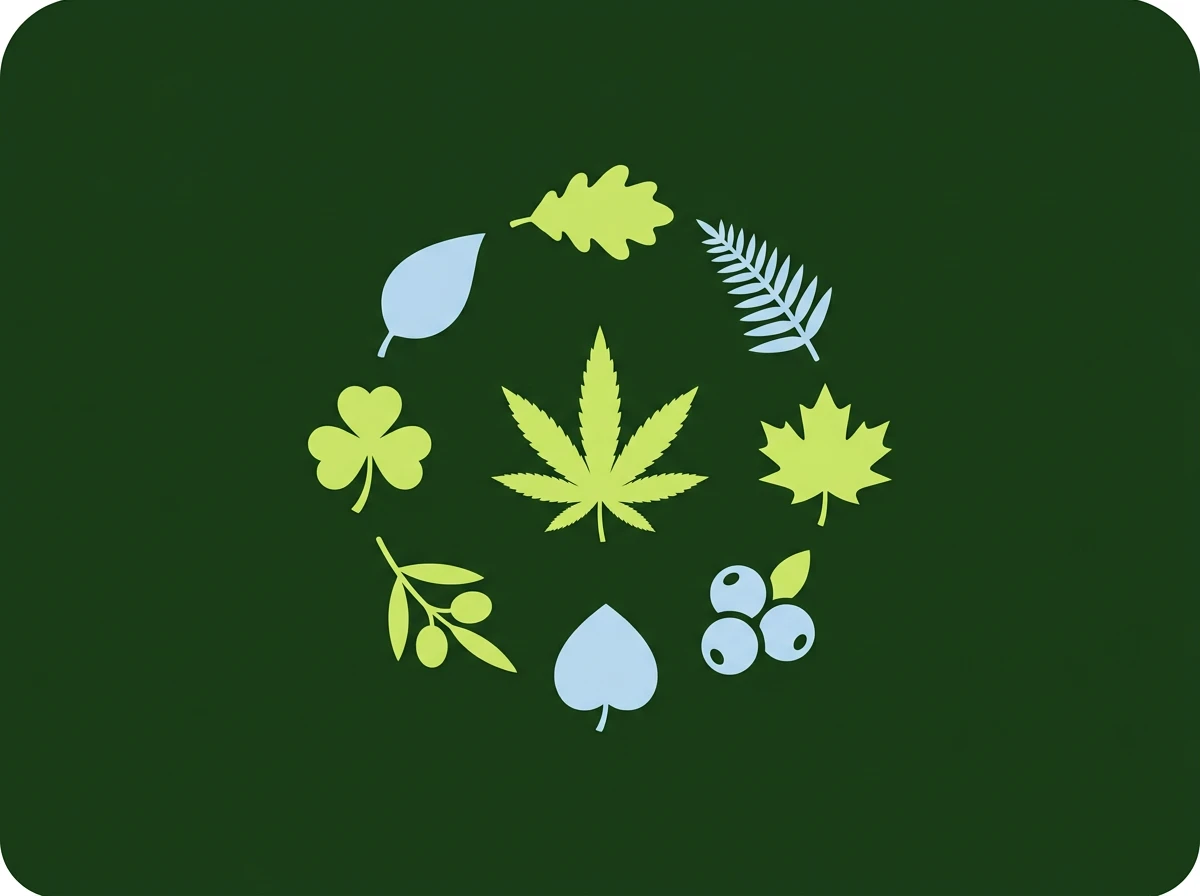 Illustration terpènes du CBD — 7 molécules aromatiques du chanvre avec icônes botaniques — guide expert 2026