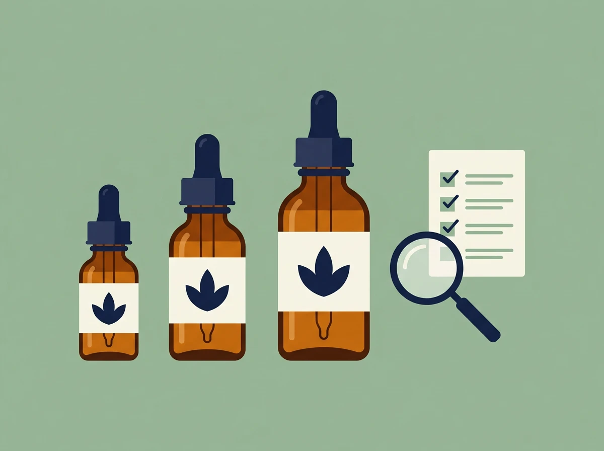 Flacons huile CBD différentes concentrations avec pipette et certificat analyse — guide choix huile CBD 2026