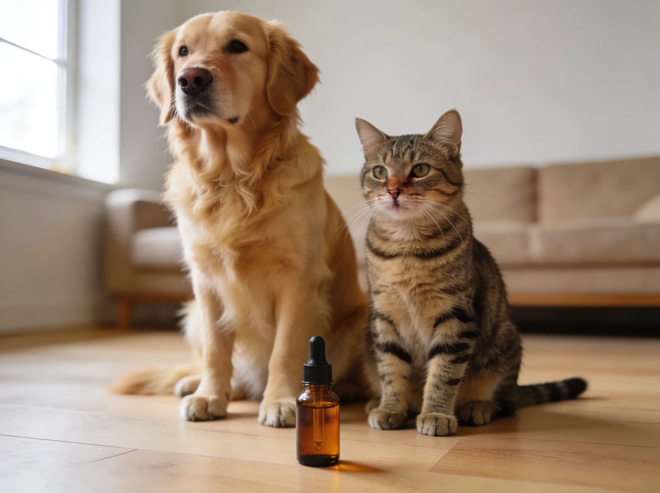 Chien golden retriever et chat tigré côte à côte avec flacon huile CBD — guide CBD animaux 2026